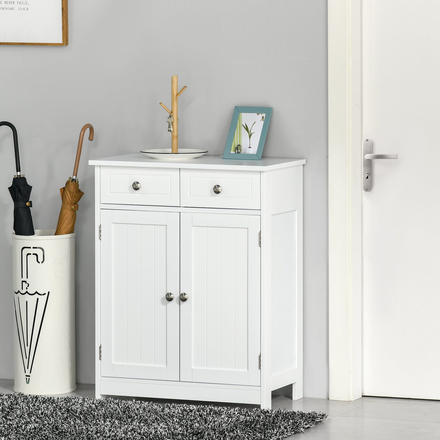 Kleankin Bathroom Storage Cabinet Free-Standing Bathroom Cabinet Unit w/ 2 Drawers Cupboard Adjustable Shelf Handles Traditional Style 75x60cm White