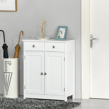 Kleankin Bathroom Storage Cabinet Free-Standing Bathroom Cabinet Unit w/ 2 Drawers Cupboard Adjustable Shelf Handles Traditional Style 75x60cm White