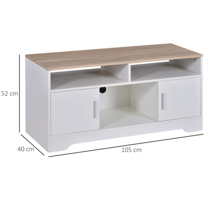 TV Stand for TVs up to 42 Inches with Cabinets, Shelves and Wide Tabletop for Living Room, Bedroom, Dining Room, White and Wood Color