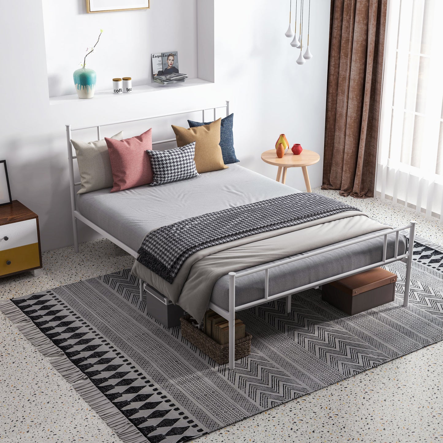 Double Metal Bed Frame Solid Bedstead Base with Headboard and Footboard, Metal Slat Support and Underbed Storage Space, Bedroom Furniture