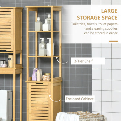 Kleankin Bathroom Floor Cabinet with 3 Shelves and Cupboard, Slim and Freestanding Organiser, Tallboy with Storage, Natural