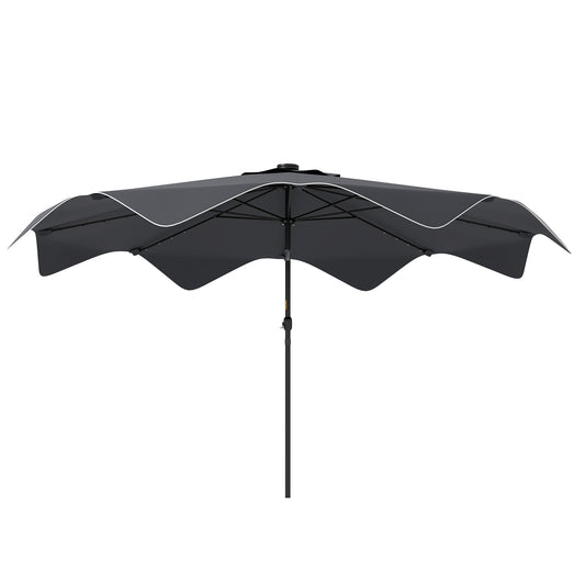 Outsunny Solar Patio Umbrella with LED and Tilt, Outdoor Market Table Umbrella Parasol with Crank, 3 x 3 (m), Dark Grey