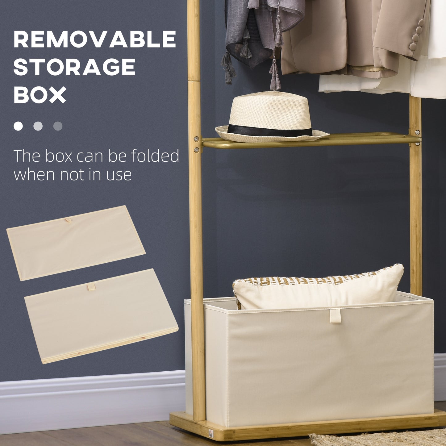 Clothes Rail, Bamboo Coat Stand, Garment Rack with Open Shelves and Fabric Storage Box for Bedroom, Hallway, Natural