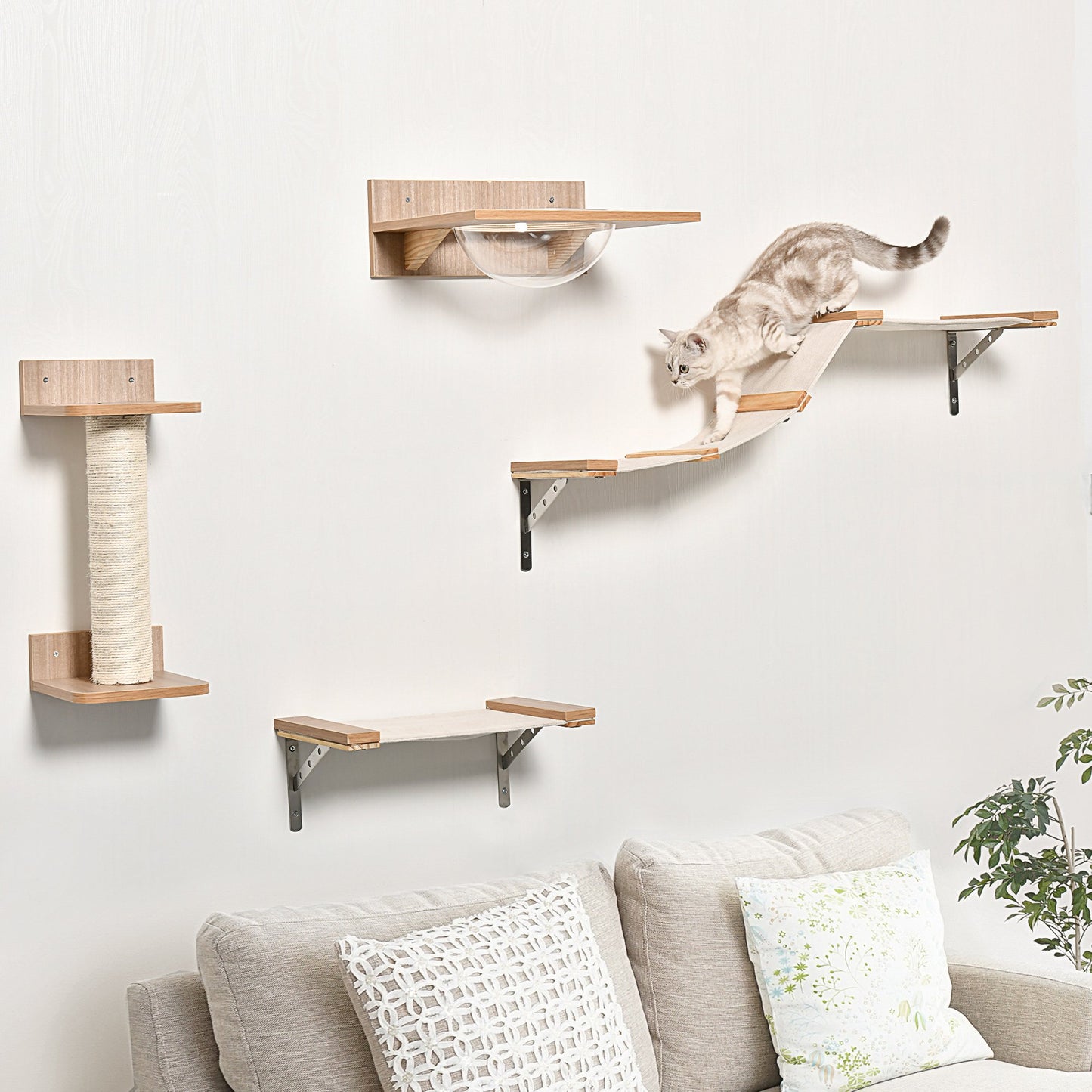 PawHut 4 Piece Wall-mounted Cats Climbing Shelf Set Cat Tree Kitten Perch Activity Centre with Hammock Scratching Post Jumping Platform Brown