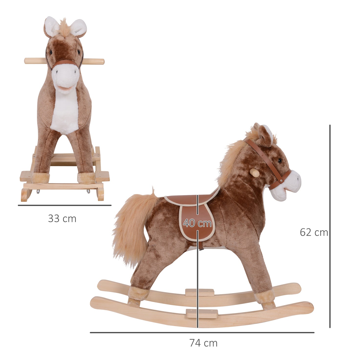 Kids Children Plush Rocking Horse Wooden Base Ride On Toy Rocker with Handle Grip Traditional Toy Fun Gift for Age 3+ (Brown & White)