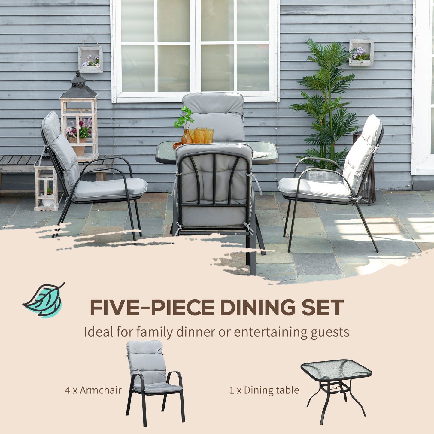 Outsunny 5 Piece Garden Dining Set, Outdoor Square Dining Table and 4 Cushioned Armchairs, Tempered Glass Top Table w/ Umbrella Hole Black