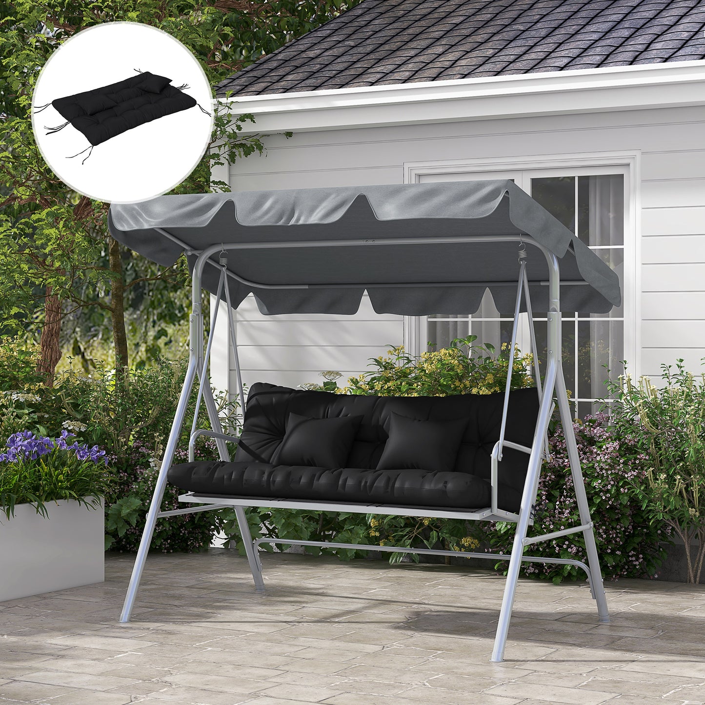 Outsunny 4-Piece Back and Seat Cushion Replacement with 2 Pillows, Patio Chair Cushions Set with Ties, Black