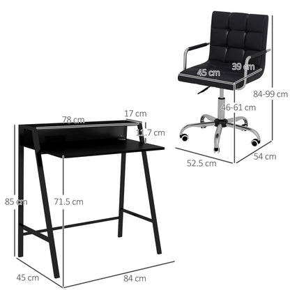 Home Office Chair and Computer Desk Set, Faux Leather Desk Chair with Swivel Wheels, Study Desk with Storage Shelf, Black