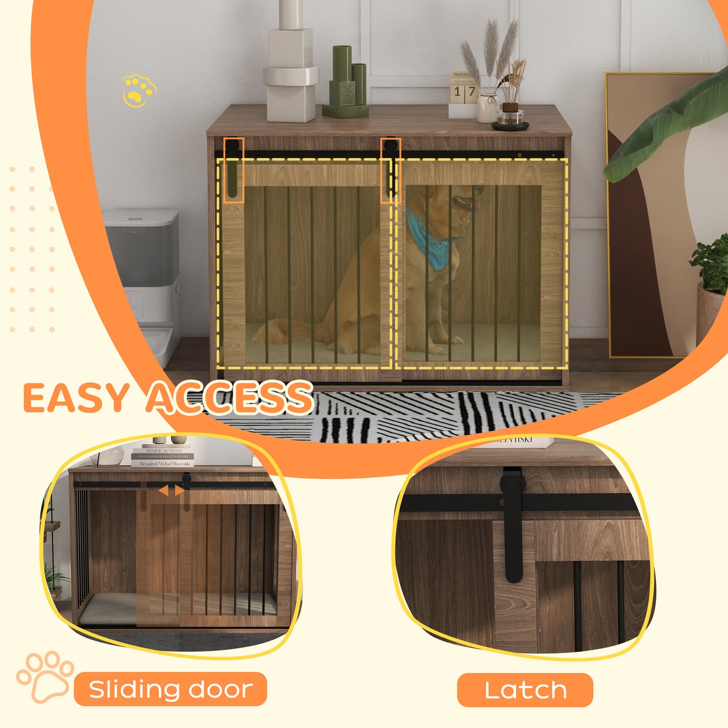 Dog Crate Furniture Side Table | Barn Door | Removable Washable Cushion | 3-Sided Ventilation | Large Dogs up to 30kg | 100 x 60 x 63cm | Brown