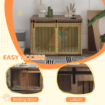 Dog Crate Furniture Side Table | Barn Door | Removable Washable Cushion | 3-Sided Ventilation | Large Dogs up to 30kg | 100 x 60 x 63cm | Brown