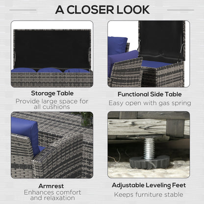 Outsunny 6 Piece Outdoor Rattan Wicker Sofa Set Sectional Patio Conversation Furniture Set w/ Storage Table & Cushion Navy Blue