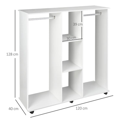 Double Mobile Open Wardrobe With Clothes Hanging Rails Storage Shelves Organizer Bedroom Furniture - White