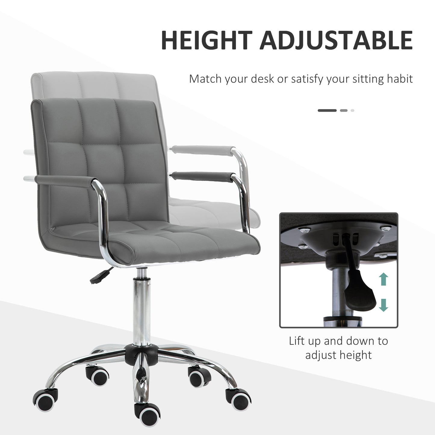 Mid Back PU Leather Home Office Chair | Fixed Armrests | 360° Swivel | 5 Wheels | Height Adjustable 84-99cm | 45x39cm Seat | 120kg | Grey