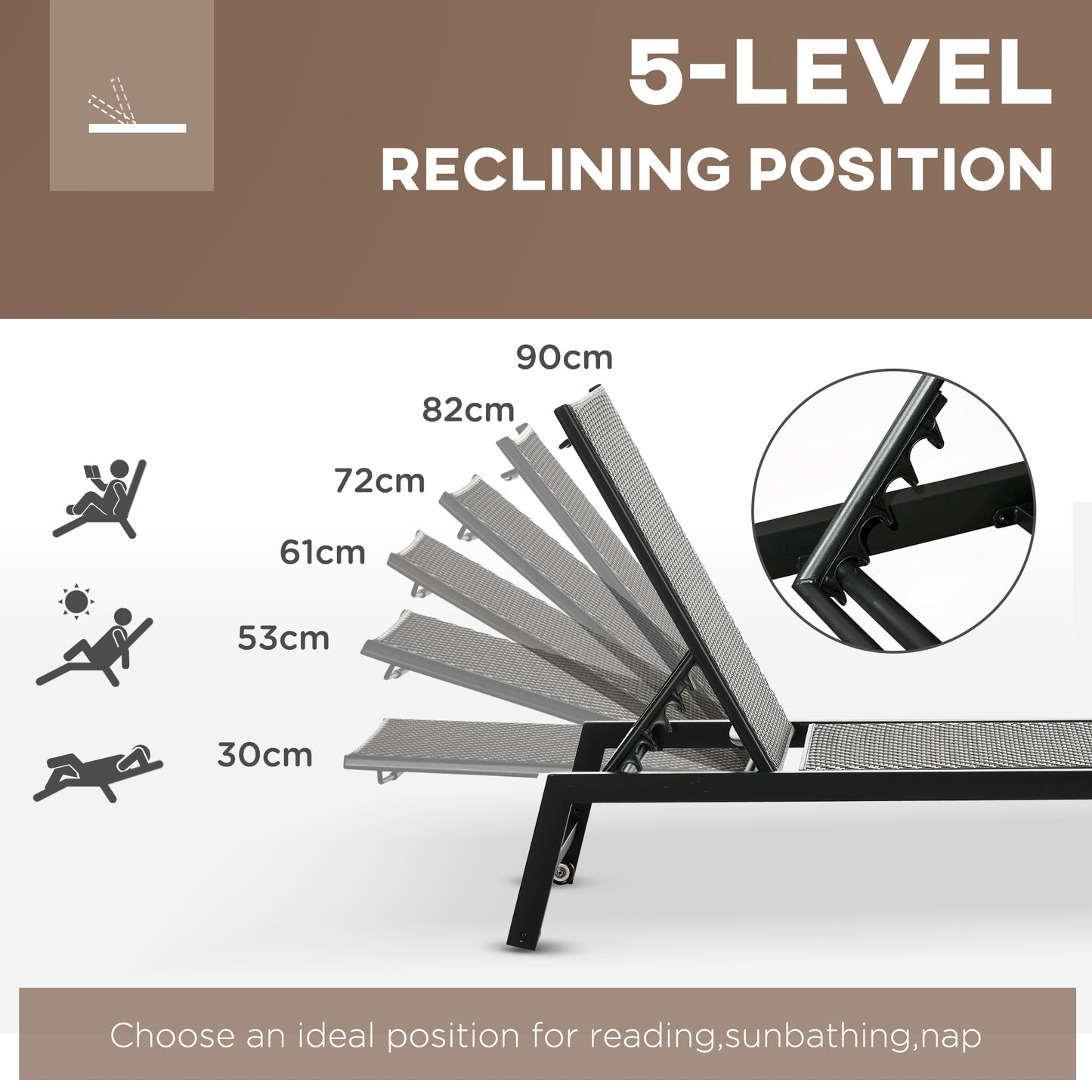 Outsunny Outdoor PE Rattan Sun Lounger, Patio Wicker Chaise Lounge Chair with 5-Position Backrest, Wheels for Sun Room, Garden, Poolside, Brown