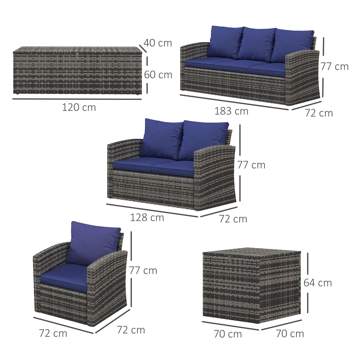 Outsunny 6 Piece Outdoor Rattan Wicker Sofa Set Sectional Patio Conversation Furniture Set w/ Storage Table & Cushion Navy Blue