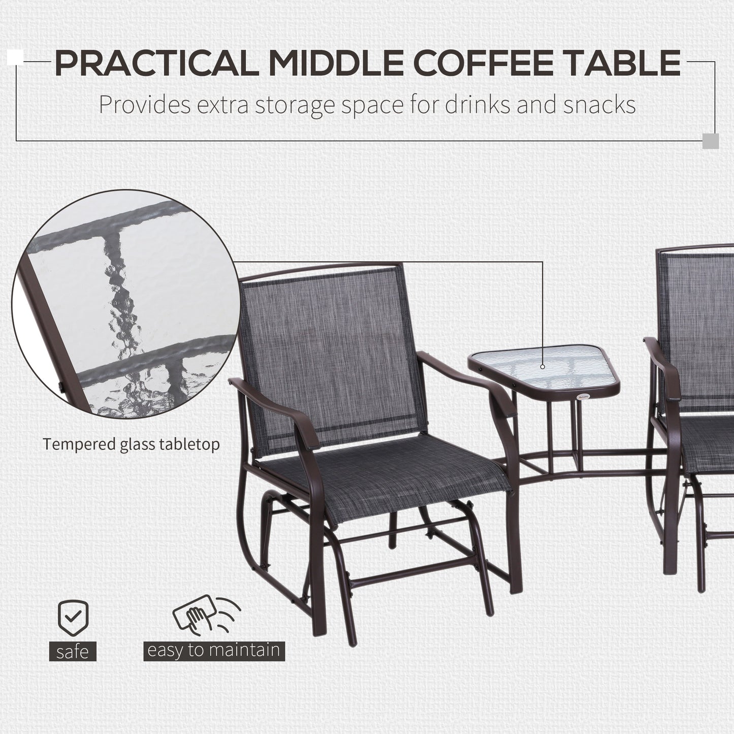 Garden Double Glider Rocking Chairs Gliding Love Seat with Middle Table Conversation Set Patio Backyard Relax Outdoor Furniture Grey