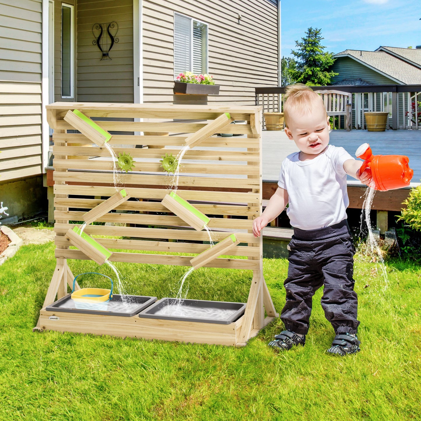 Outsunny Natural Wooden Outdoor Kids Running Water and Sand Playset, with 18 Accessories