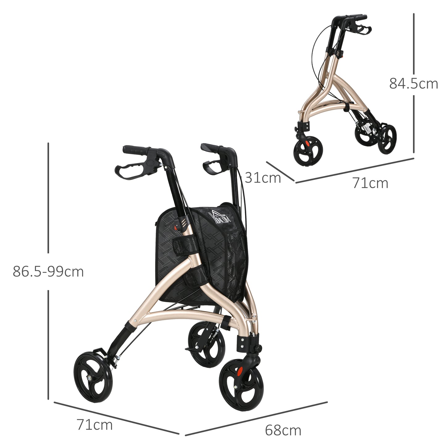 3 Wheel Rollator Lightweight Aluminium Tri Walker With Adjustable Handle, Storage Bag And Dual Brakes, Folding, 5.3kg, Gold Tone