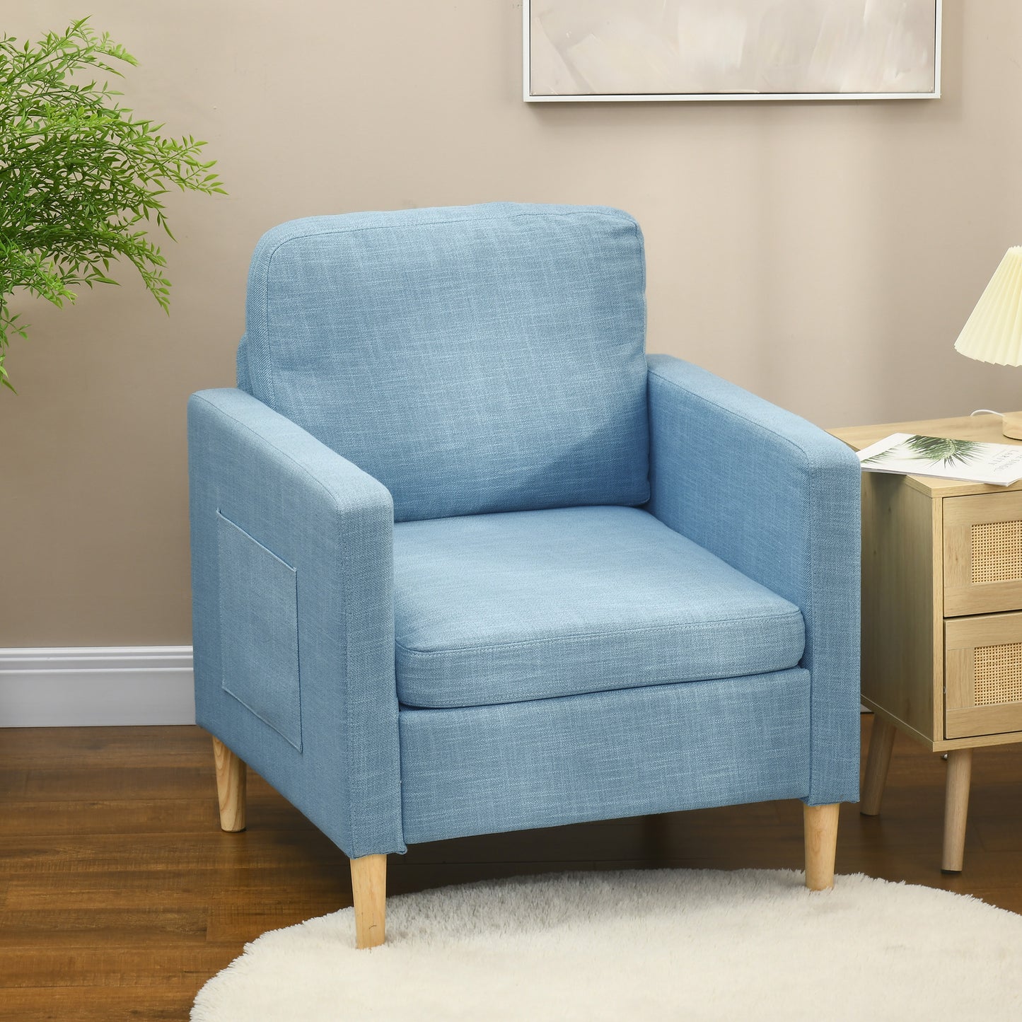 Modern Accent Chair, Comfy Fireside Chair, Upholstered Armchair for Living Room, Bedroom, Home Office, Light Blue