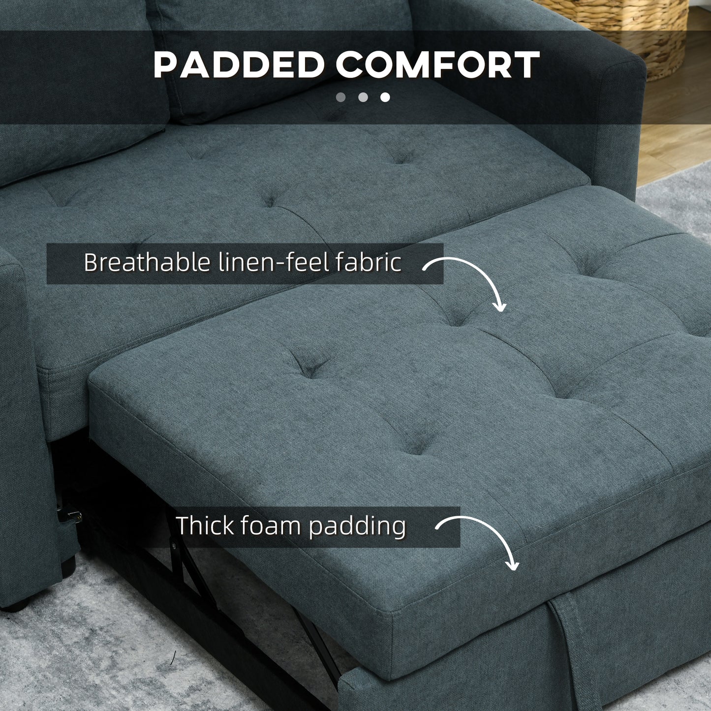 Loveseat Sofa Bed, Convertible Bed Settee with 2 Cushions, Side Pockets for Living Room, Charcoal Grey