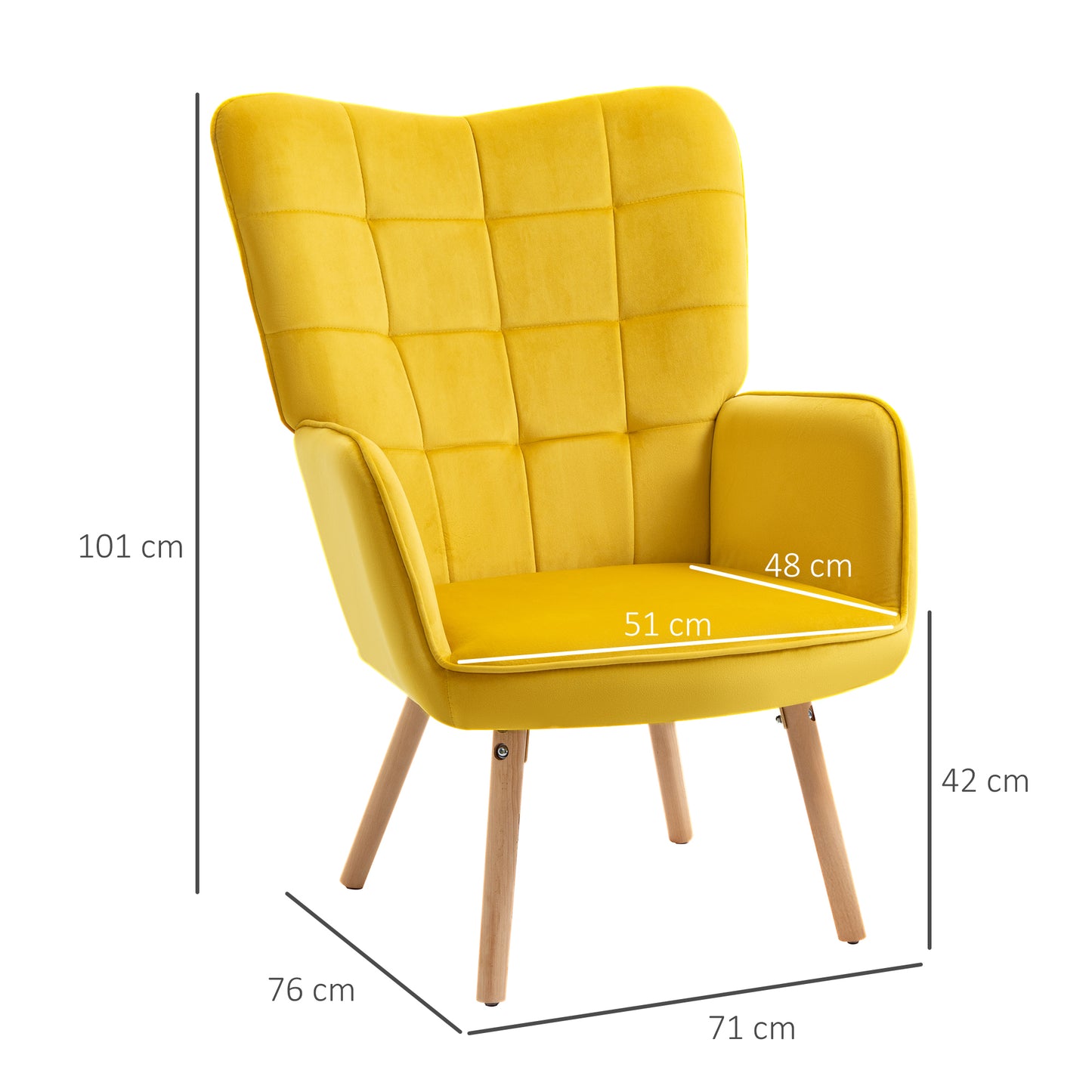Modern Accent Chair Velvet-Touch Tufted Wingback Armchair Upholstered Leisure Lounge Sofa Club Chair with Wood Legs, Set of 2, Yellow