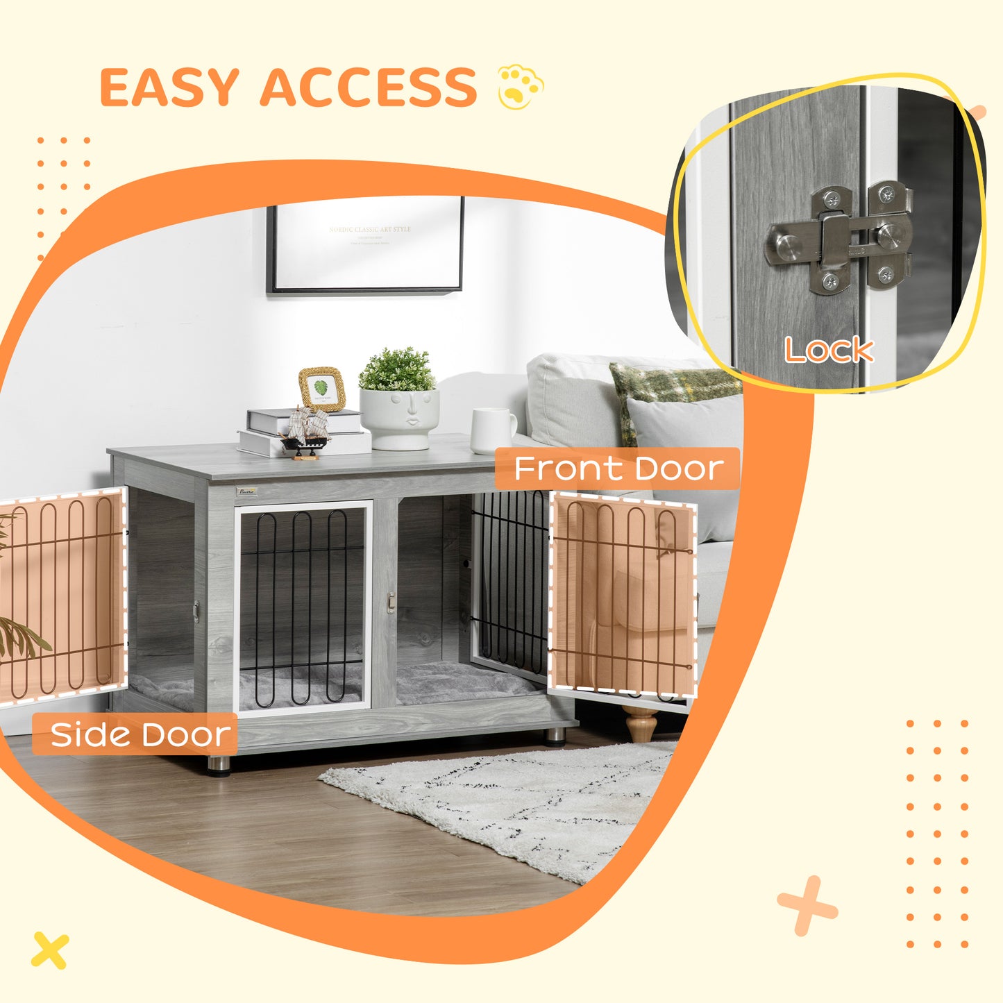 Dog Crate Furniture Side Table | Washable Cushion | Wire Mesh | Two Doors | Medium & Large Dogs up to 25kg | 90 x 58 x 65cm | Grey & White