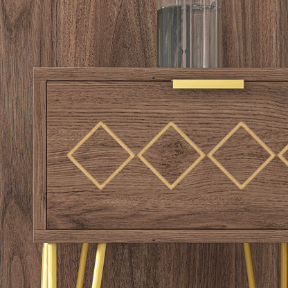Bedside Table with Drawer, Wooden Nightstand, Modern Sofa Side Table with Gold Tone Metal Legs for Living Room, Bedroom