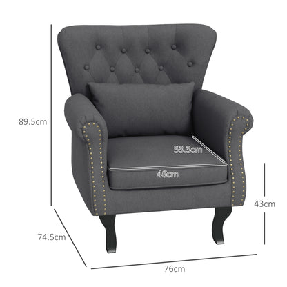 Chesterfield-style Accent Chair, Tufted Wingback Armchair with Pillow, Nailhead Trim for Living Room, Bedroom, Dark Grey
