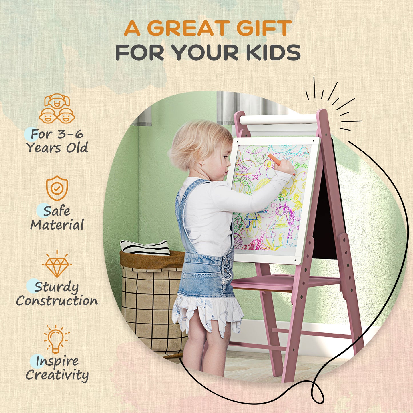 AIYAPLAY Art Easel for Kids with Paper Roll, Height Adjustable Double-Sided Whiteboard Chalkboard, 3 in 1 Easel, for Ages 3-6 Years