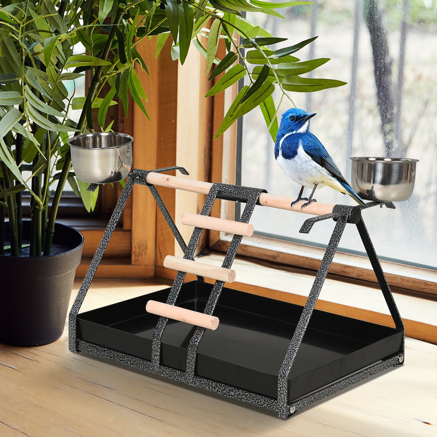 PawHut Portable Bird PlayStand Training Playground with Wood Perch Ladder Feeding Cups for Macaw Parrot Conure