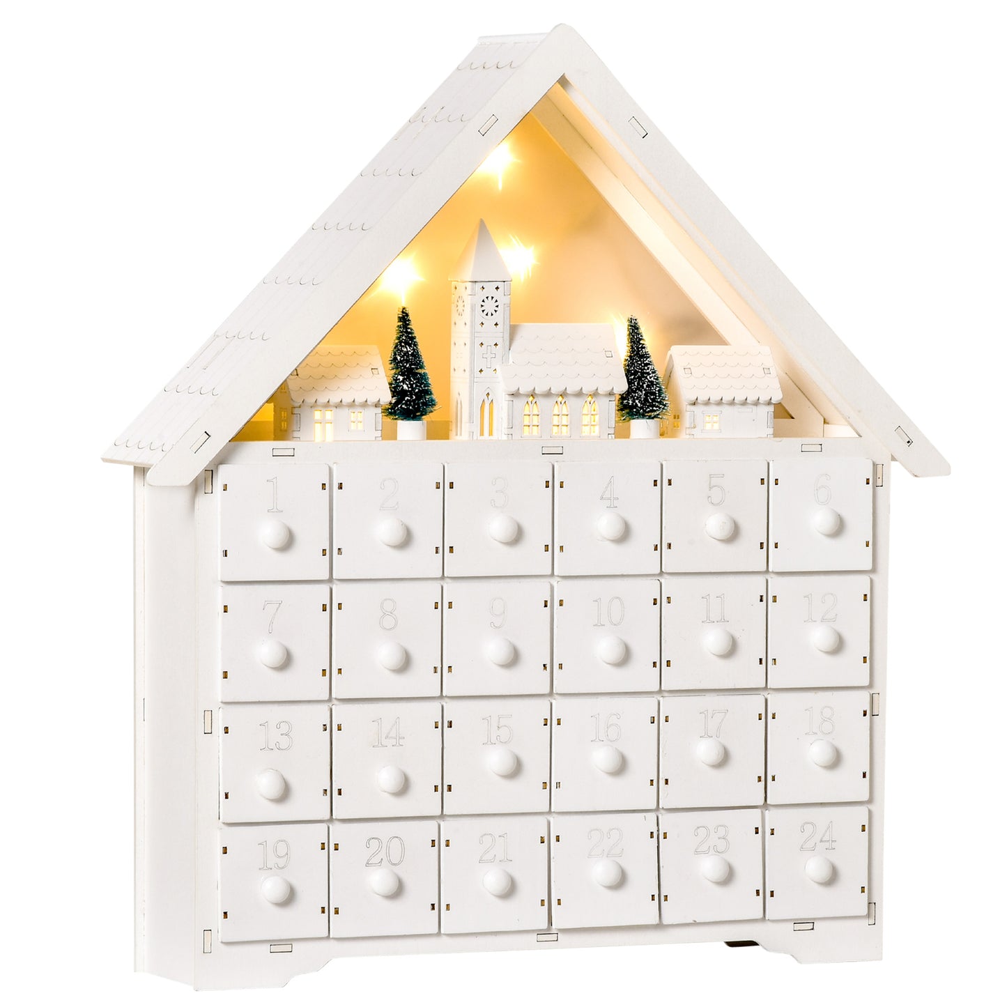 Christmas Advent Calendar, Light Up Table Wooden House Holiday Decoration With Countdown Drawer, Village, For kids Adults, White