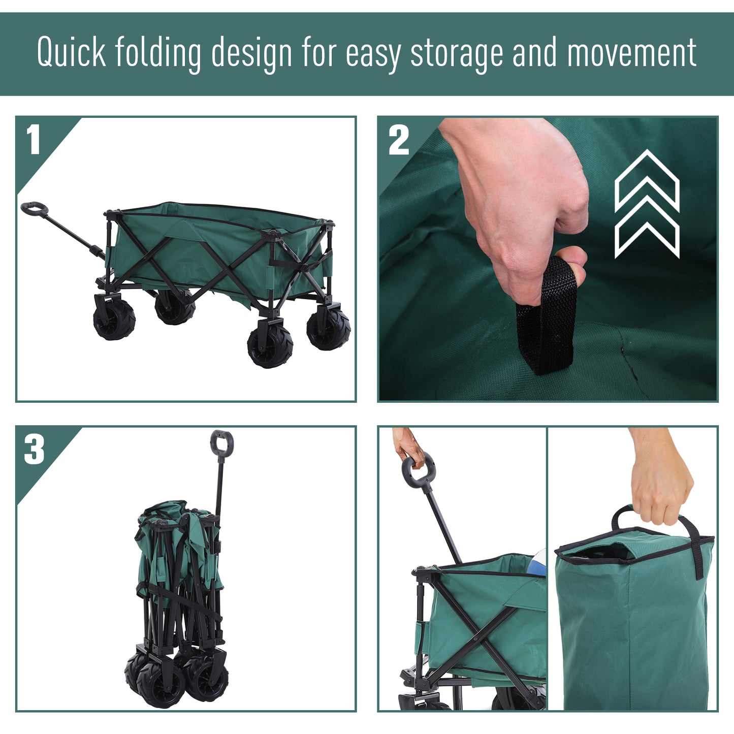 Outsunny Outdoor Pull Along Cart Folding Cargo Wagon Trailer Trolley  for Beach Garden Use with Telescopic Handle, Anti-Slip Wheel - Green