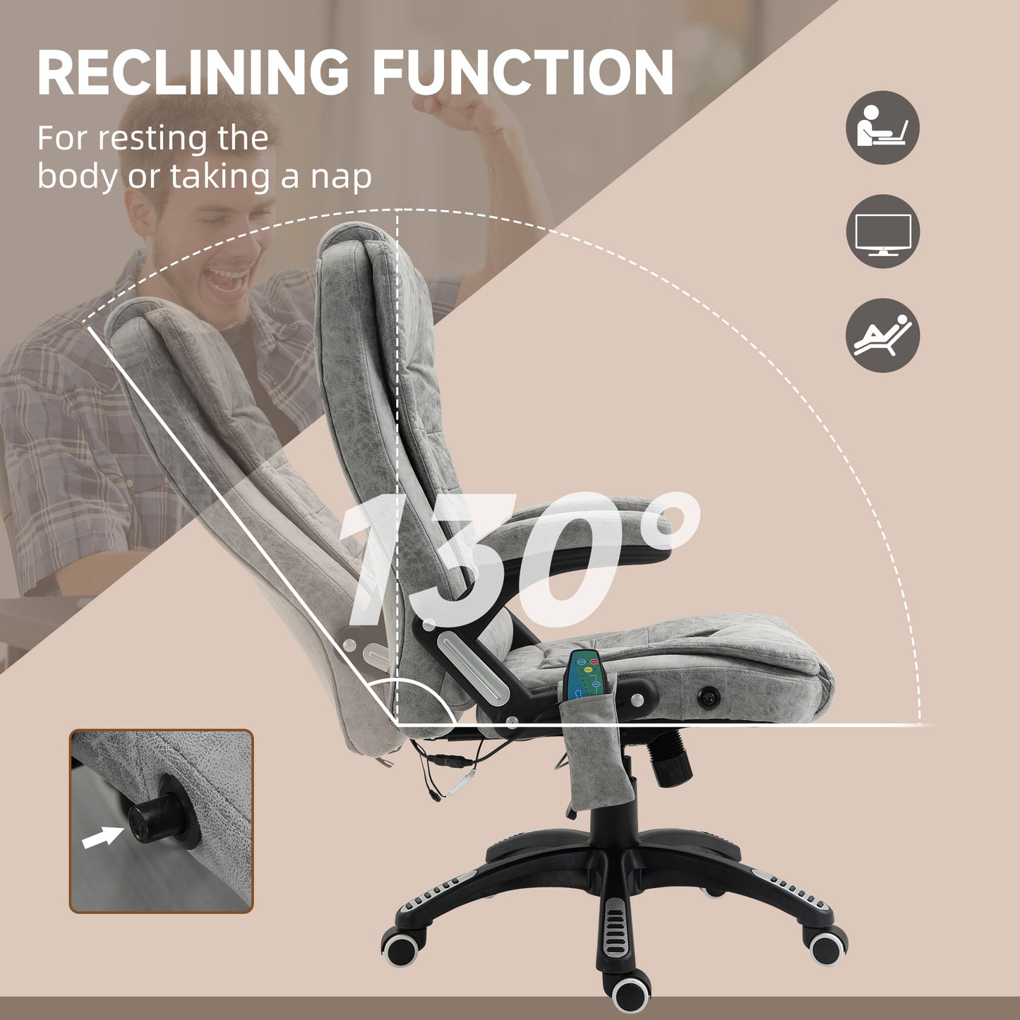 Heated Massage Recliner Office Chair | 6 Point Massage | Microfiber Cloth | High Back | Armrests | 130° Recline | 360° Swivel | Height Adjustable 107-116cm | 120kg | Grey