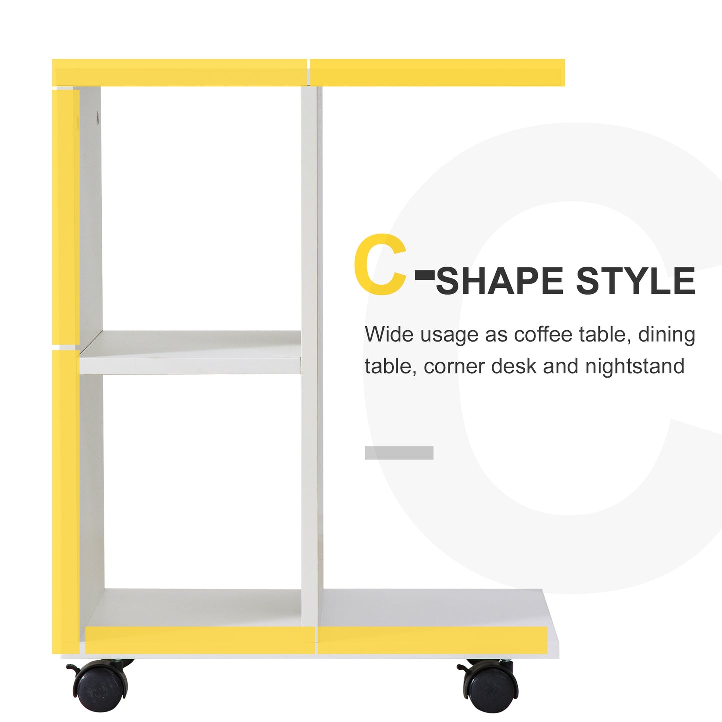 C - Shape End Table Unique Storage Unit w/ 2 Shelves 4 Wheels Freestanding Home Office Furniture Cabinet Square Studio White