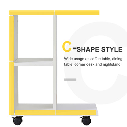 C - Shape End Table Unique Storage Unit w/ 2 Shelves 4 Wheels Freestanding Home Office Furniture Cabinet Square Studio White