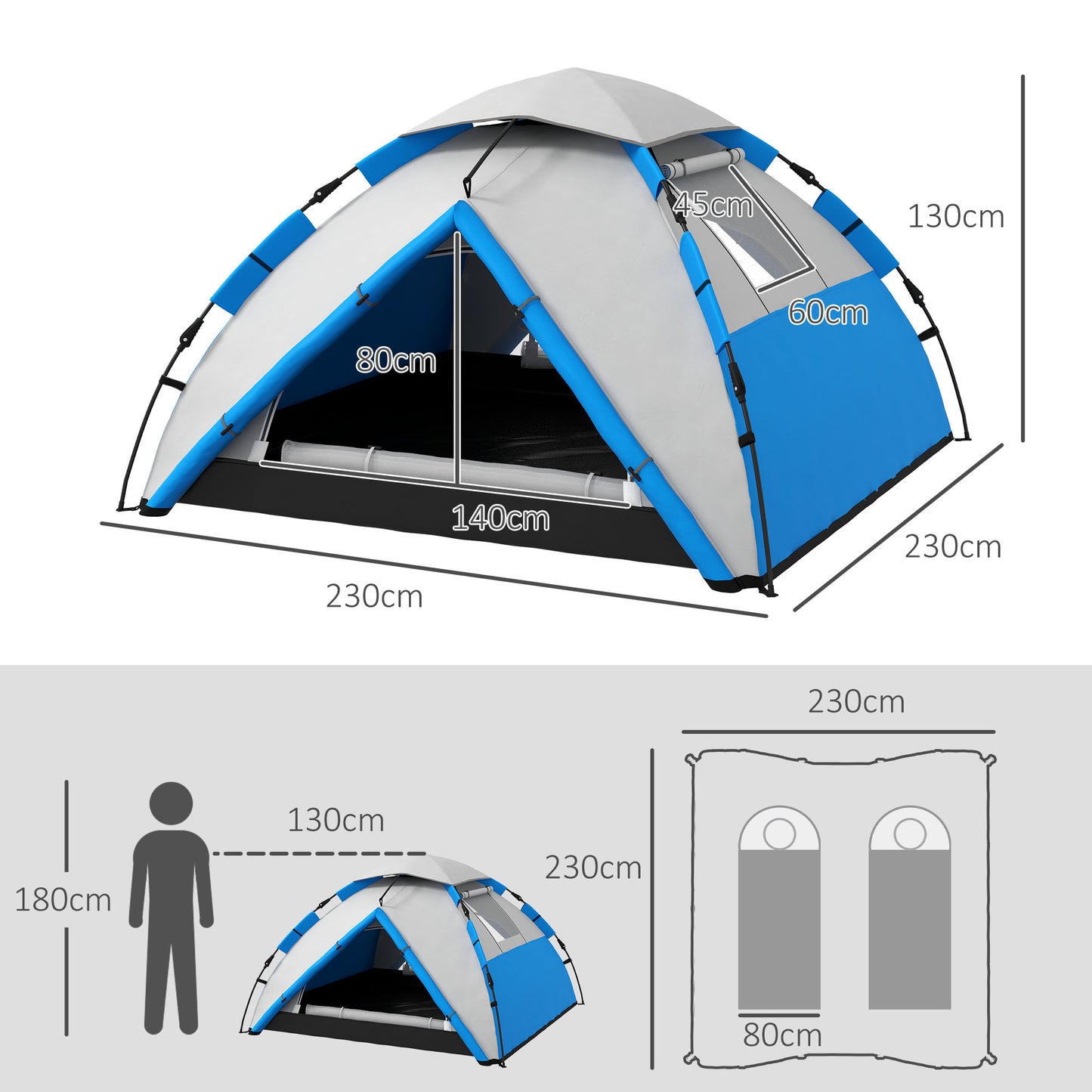 Outsunny 3-4 Man Camping Tent, Family Tent, 2000mm Waterproof, Portable with Bag, Quick Setup, Blue