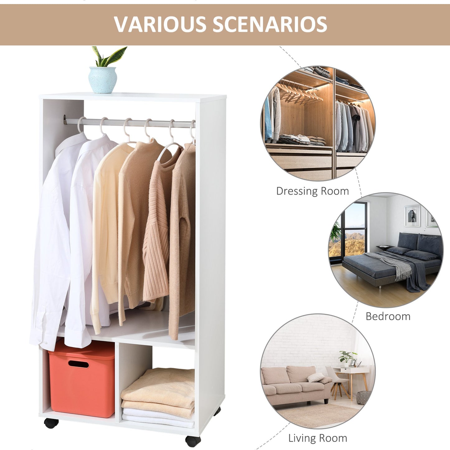 Open Wardrobe with Hanging Rod and Storage Shelves Mobile Garment Rack on Wheels Bedroom, Cloakroom, White