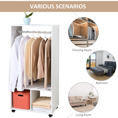 Open Wardrobe with Hanging Rod and Storage Shelves Mobile Garment Rack on Wheels Bedroom, Cloakroom, White