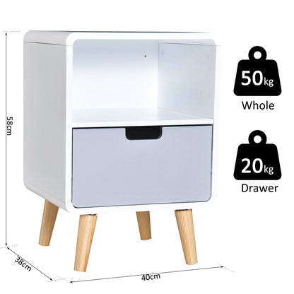 Scandinavian Retro Style Bedside Table, 40Lx38Wx58H cm-White/Grey/Natural Wood Colour