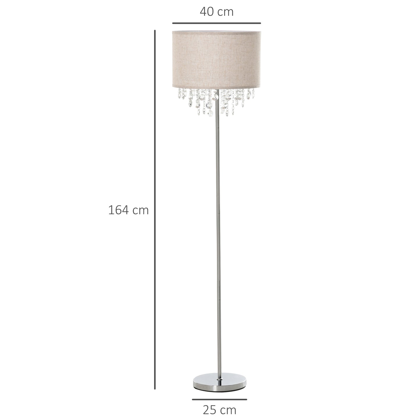 Modern Steel Floor Lamp with Crystal Pendant Fabric Lampshade Floor Switch, Home Style Standing Light, Silver and Cream White