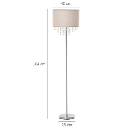 Modern Steel Floor Lamp with Crystal Pendant Fabric Lampshade Floor Switch, Home Style Standing Light, Silver and Cream White