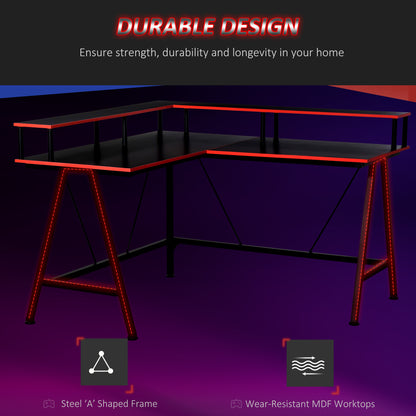 L-Shape Corner Gaming Desk Computer Table with Elevated Monitor Shelf Workstation, Black Red