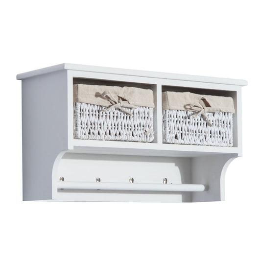 Entryway Coat Rack Wall Mounted Shelf With Wicker Basket And Hooks (2 Baskets, White)