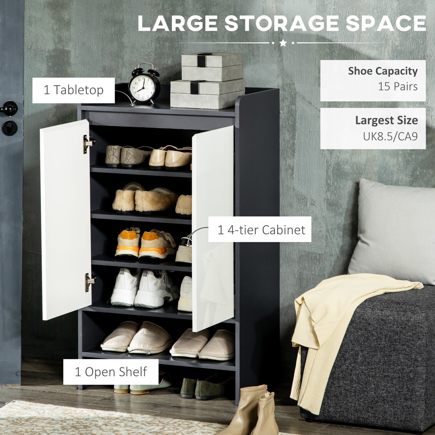 Modern Shoe Cabinet with High Gloss White Doors and Open Shelves, Hallway Shoe Cupboard Storage Organizer for 15 Pairs of Shoes, Grey