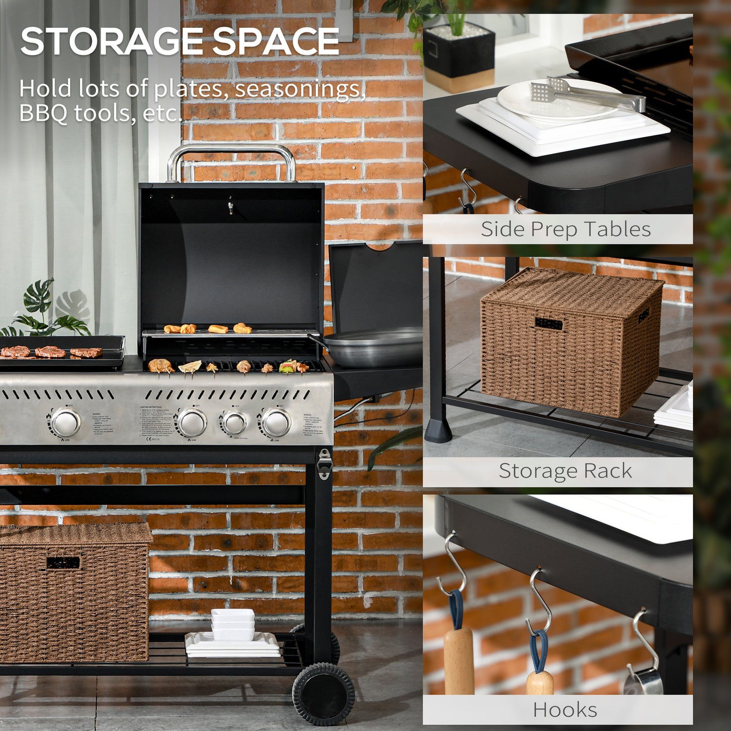 Outsunny 15 kW Gas BBQ Grill and Plancha with Side Burner, Black