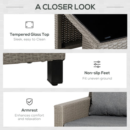 Outsunny 7-Seater PE Rattan Sofa Set Wicker Garden Furniture Patio Conservatory Corner Sofa, w/ Tempered Glass Coffee Table & Cushions, Grey