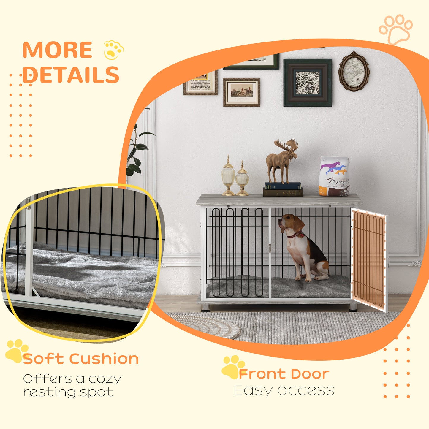 Large Dog Crate Furniture Side Table | Washable Cushion | Lockable Door | Steel Wire Ventilation | Large Dogs up to 35kg | 105 x 68 x 75cm | Graphite