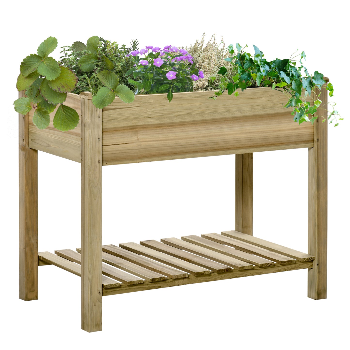 Garden Wooden Planters Raised Garden Bed with Legs and Storage Shelf, Gardening Standing Growing Bed Flower Boxes for Backyard, Balcony