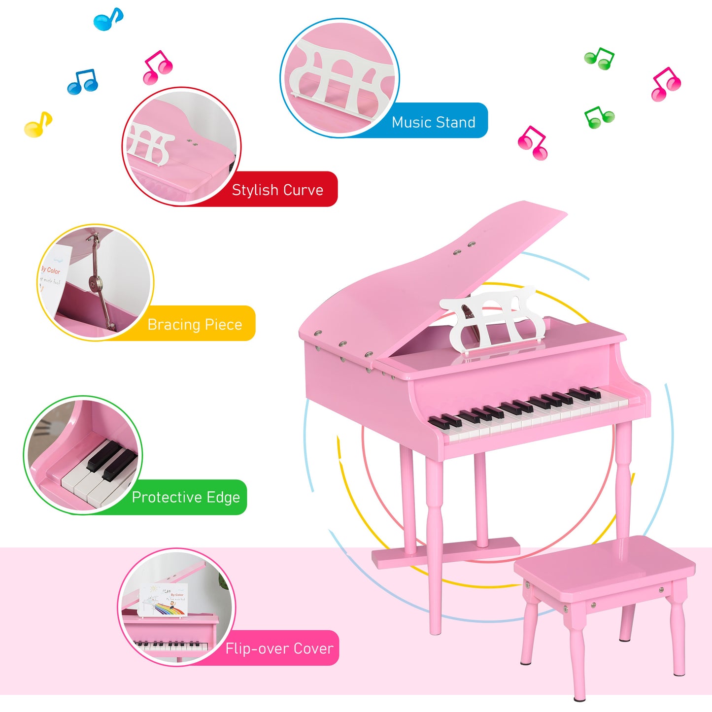 Modern Kids Piano 30 Keys Set of 2 Mini Toy for Child Grand Piano with Music Stand and Bench, Best Gifts Pink