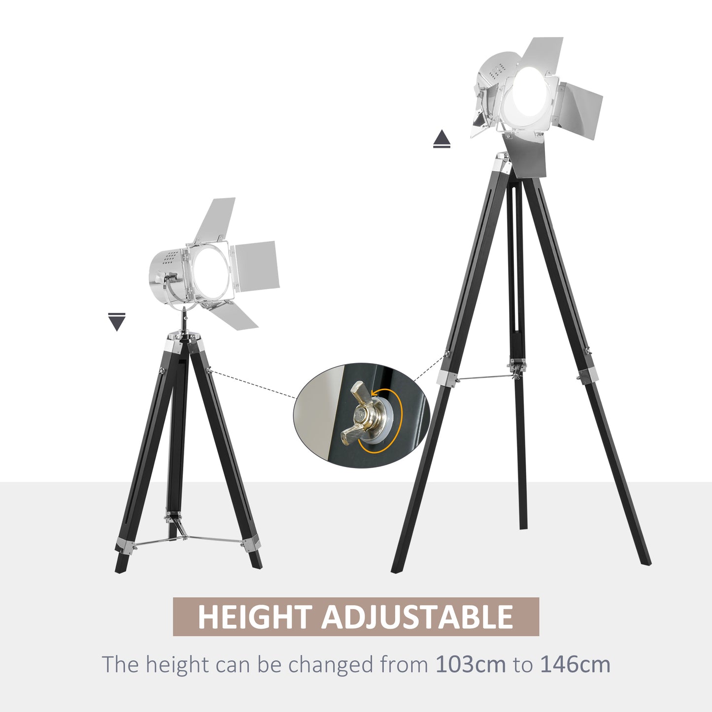 Industrial Tripod Floor Lamp, Nautical Cinema Standing Spotlight with Wood Legs and Adjustable Height for Living, Bedroom, Black and Silver